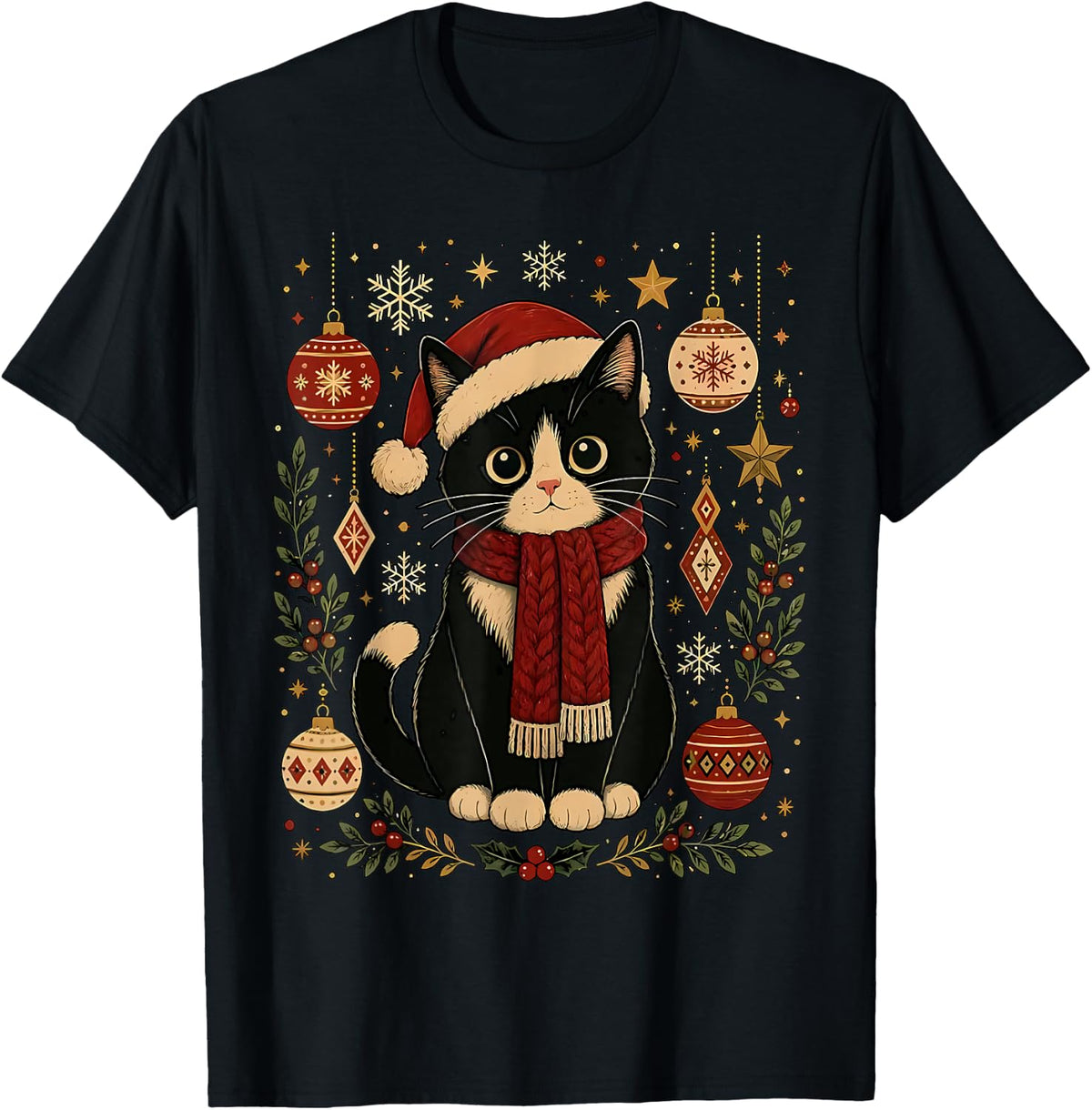 Vintage Black Tuxedo Cat Santa Hat Kitten Lovers Christmas T-Shirt - Black