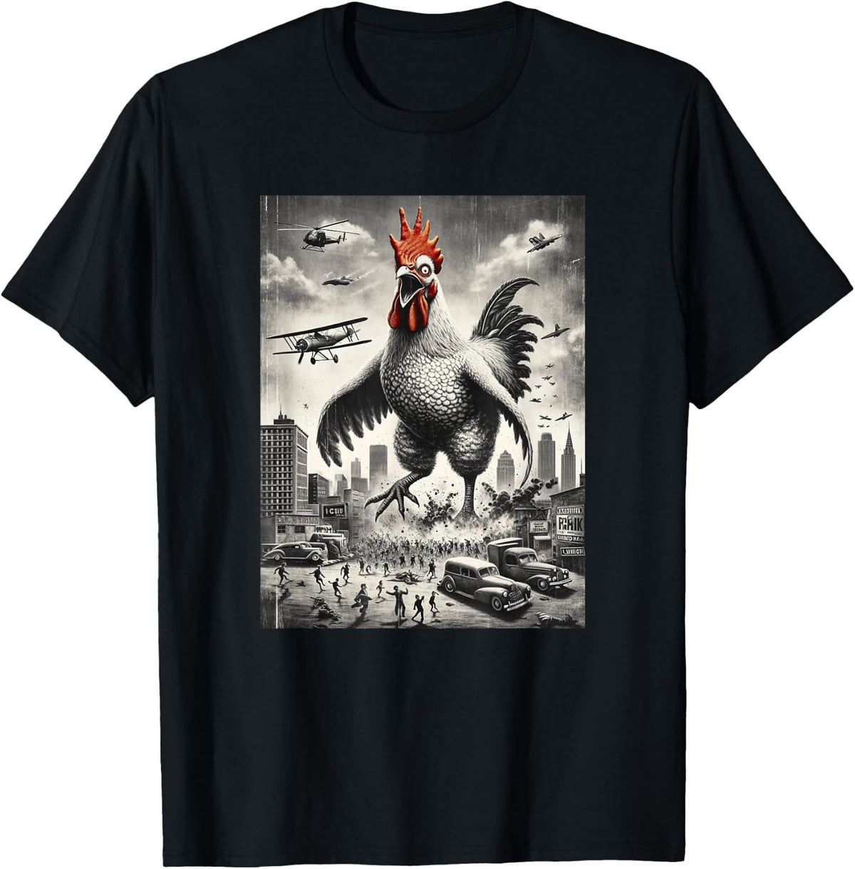 Funny Chickenzilla Monster Movie Parody Men Women Kids T-Shirt - Black