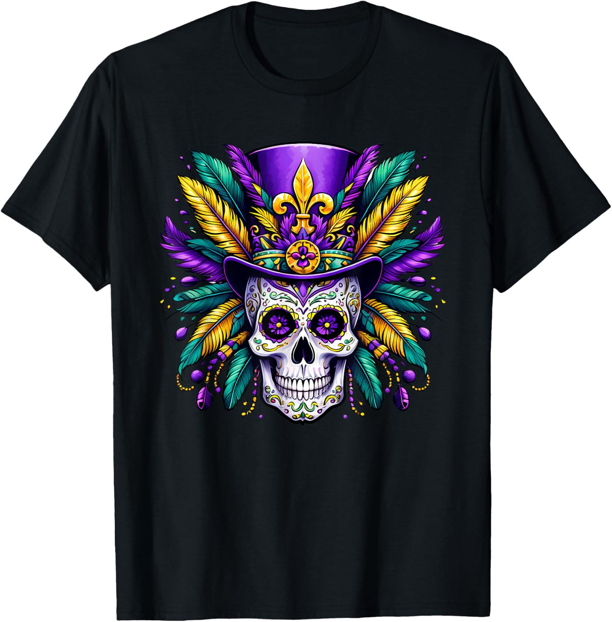 Mardi Gras Sugar Skull Carnival Voodoo Men Women Costume T-Shirt - Black