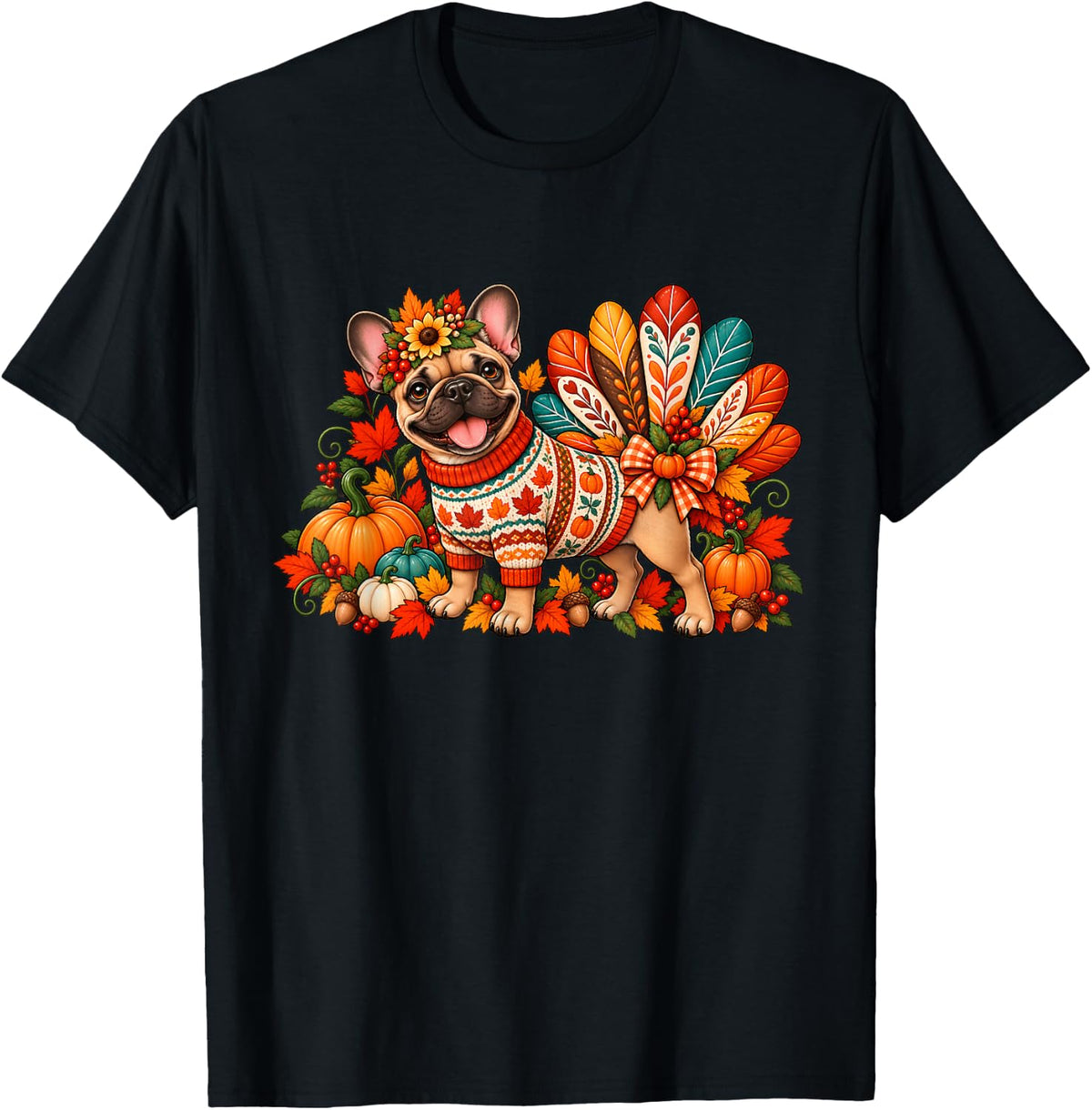 French Bulldog Thanksgiving Turkey Dog Cute Autumn Pumpkin T-Shirt - Black