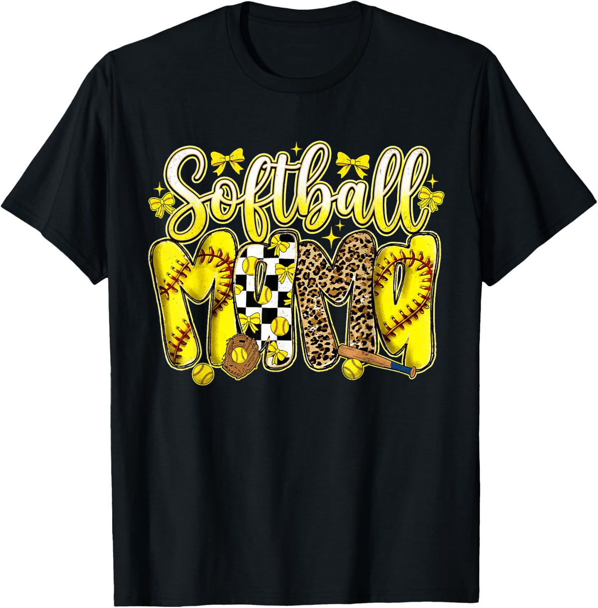 Softball Mama Leopard Bow Coquette Cute Softball Mom Shirt Tees T Shirts - Black