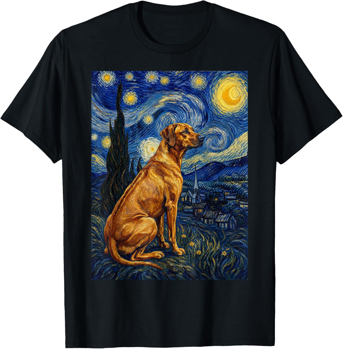 Rhodesian Ridgeback Dog Van Gogh Starry Night T-Shirt - Black