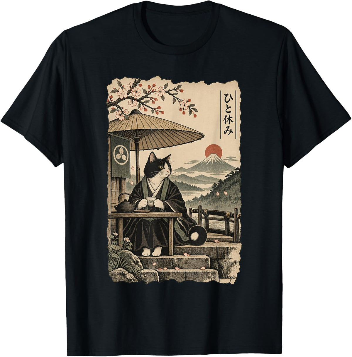 Tuxedo Samurai Cat Tea Break Japanese Mountain Art T-Shirt - Black