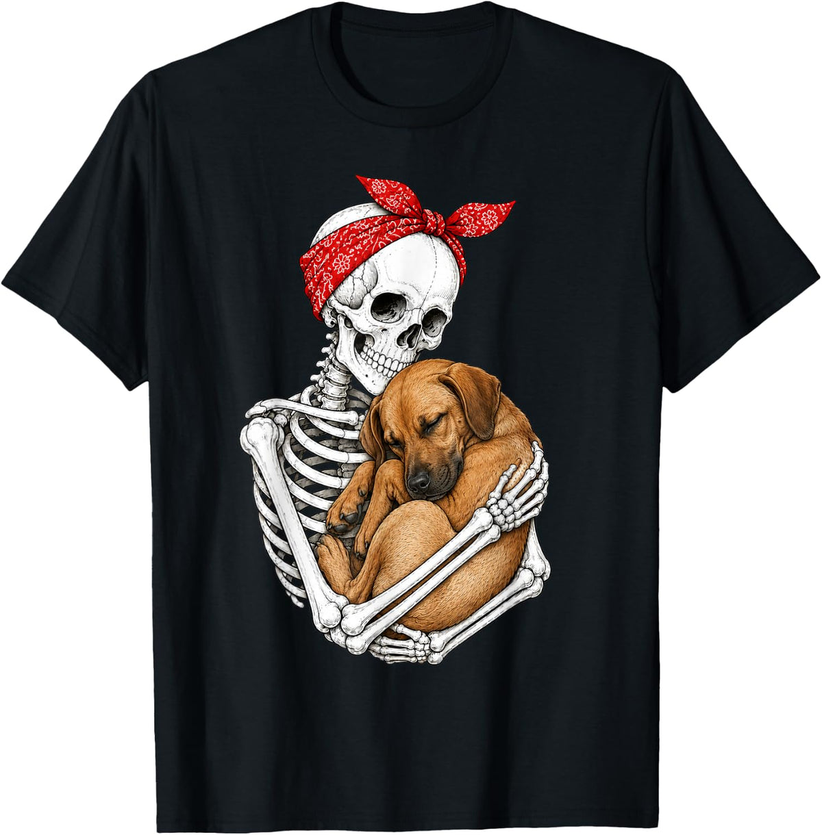Skeleton Holding Rhodesian Ridgeback Dog Funny Lazy T-Shirt - Black