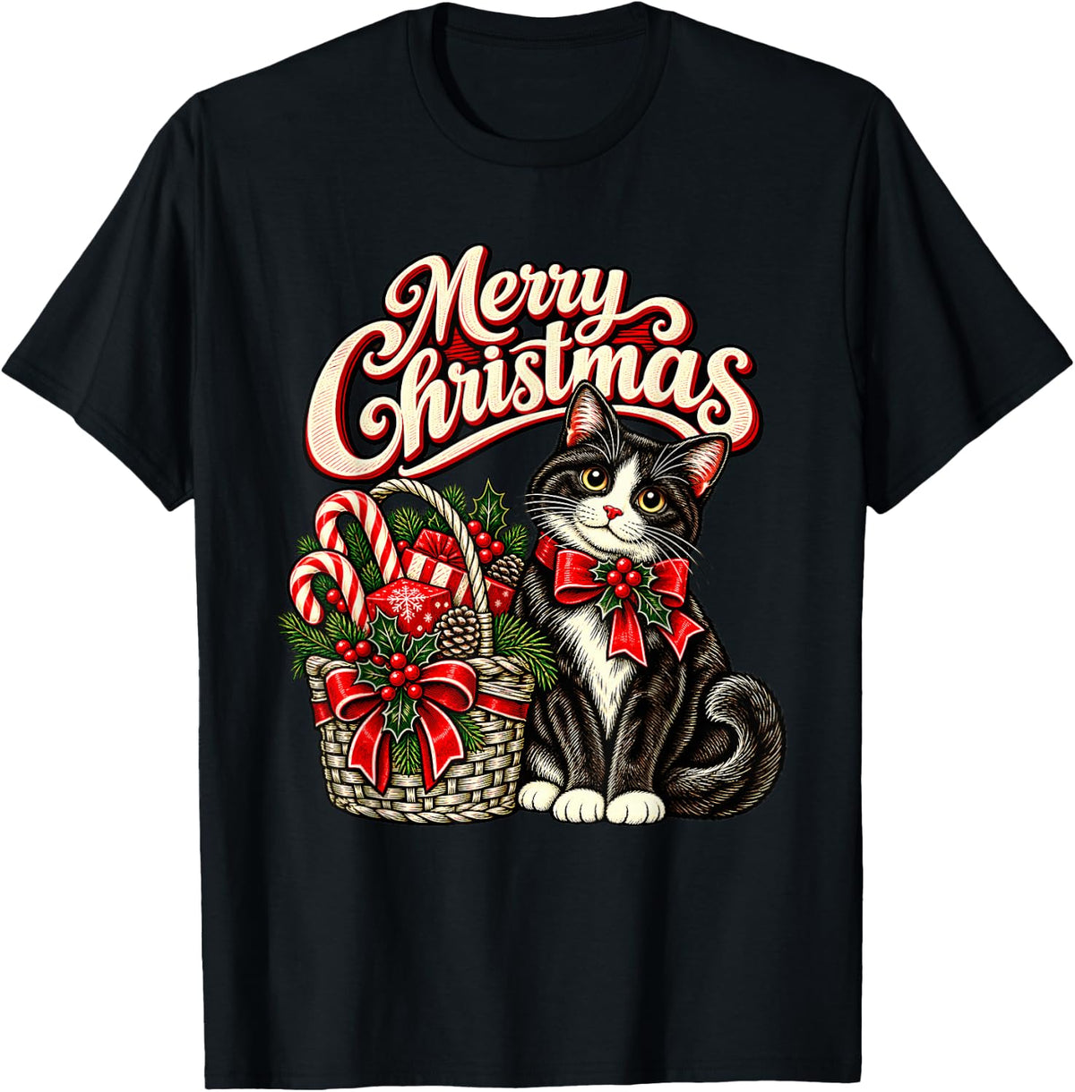 Merry Christmas Proud Cat Red Neck Bow T-Shirt - Black