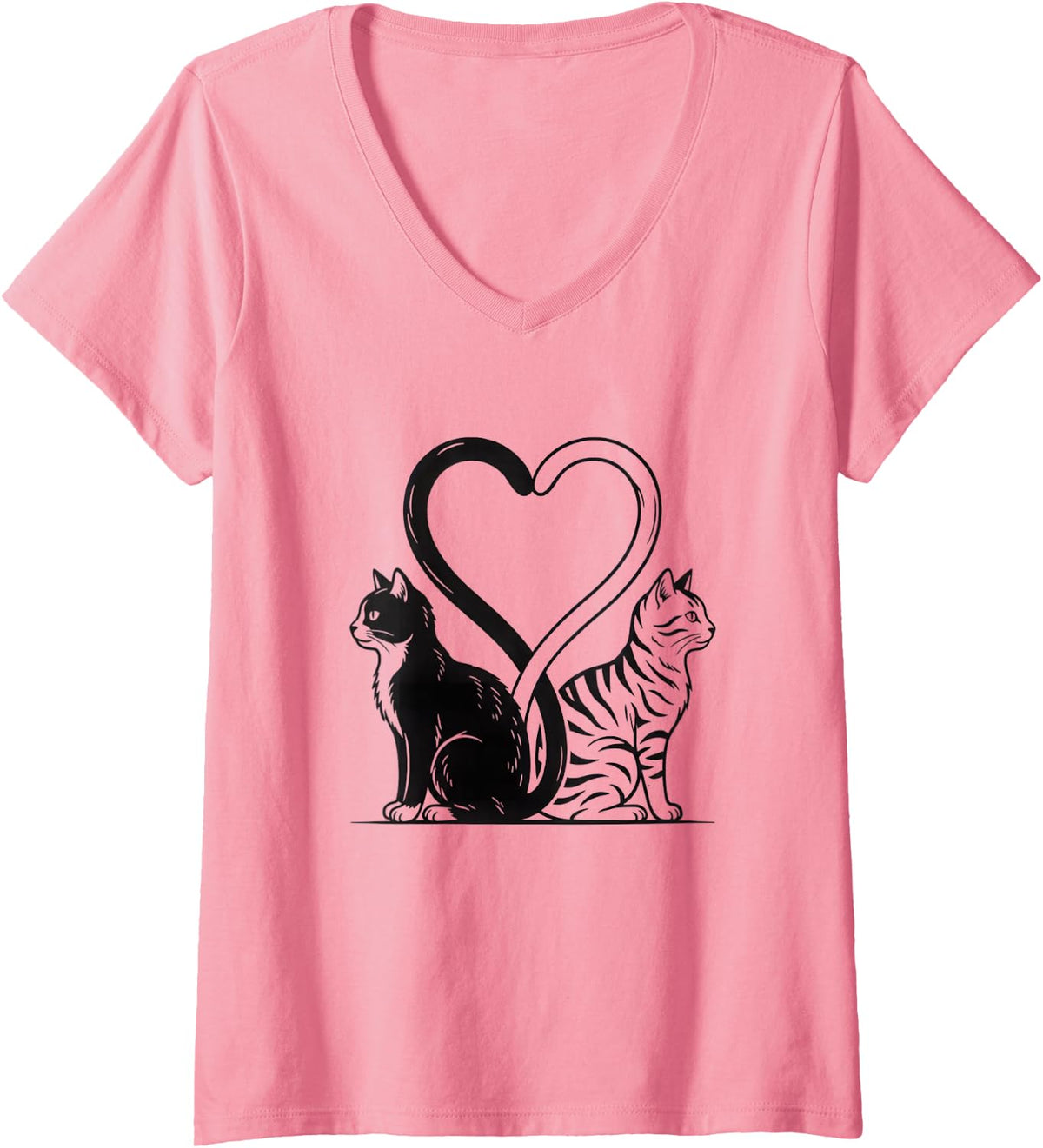 Women's Two Cats Tails Forming a Heart Black Cat and Tabby Kitty V-Neck T-Shirt - Pink