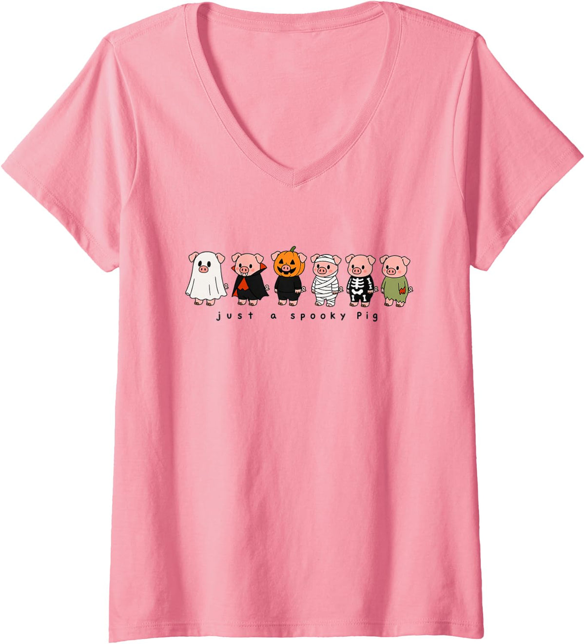 Women's Pig Cute Animal Lover Spooky Fall Halloween Graphic V-Neck T-Shirt - Pink