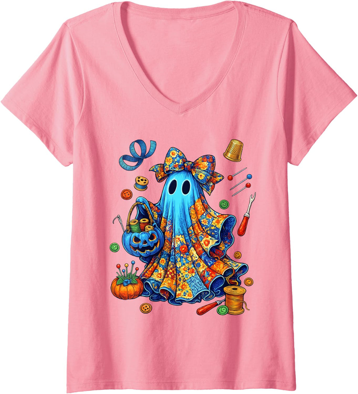Women's Seamstress Halloween Patchwork Ghost Pumpkin Quilting Sewing V-Neck T-Shirt - Pink