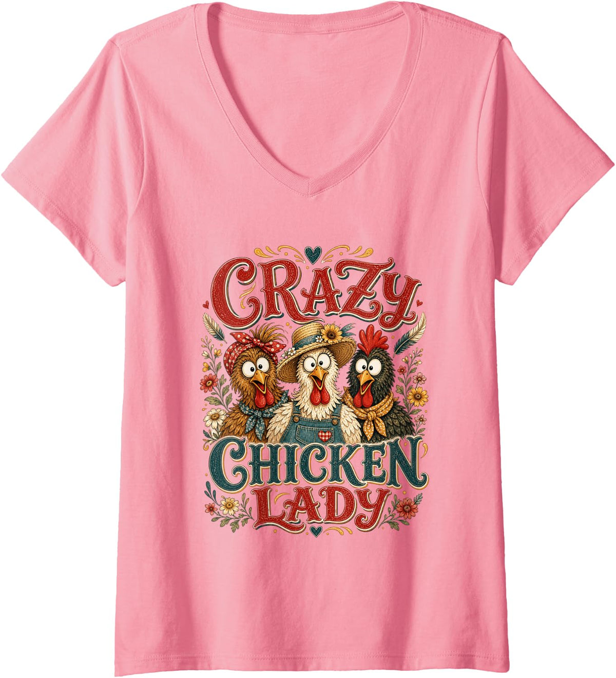 Women's Crazy Chicken Lady V-Neck T-Shirt - Pink