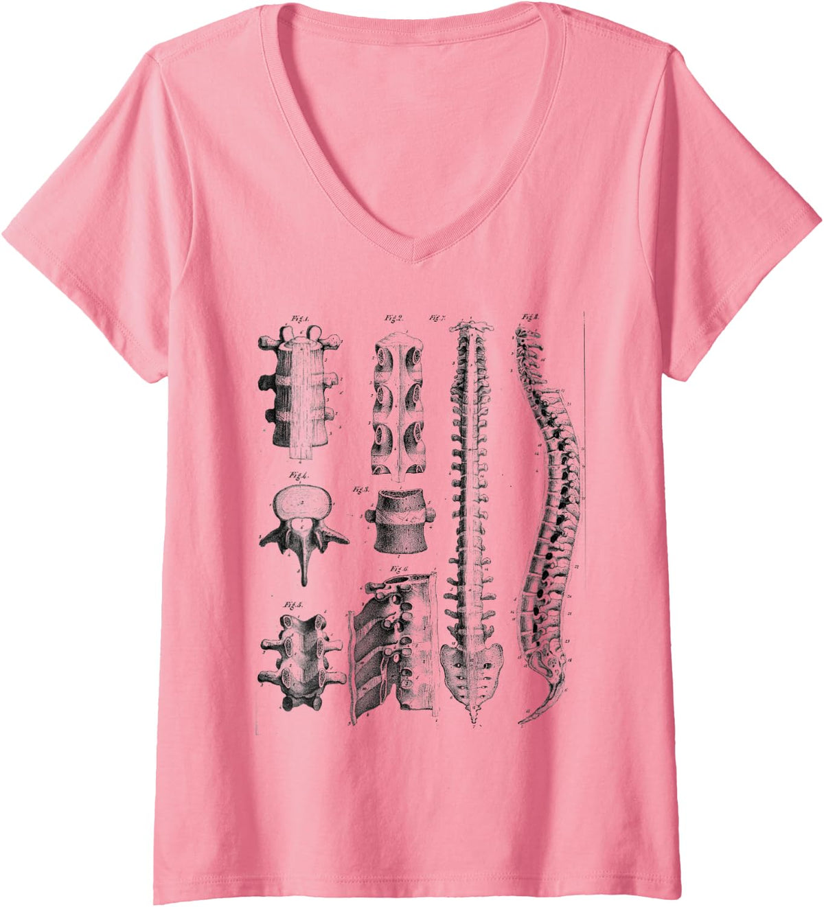 Women's Human Spine Anatomy Vintage Bones of the Spine for Physician V-Neck T-Shirt - Pink