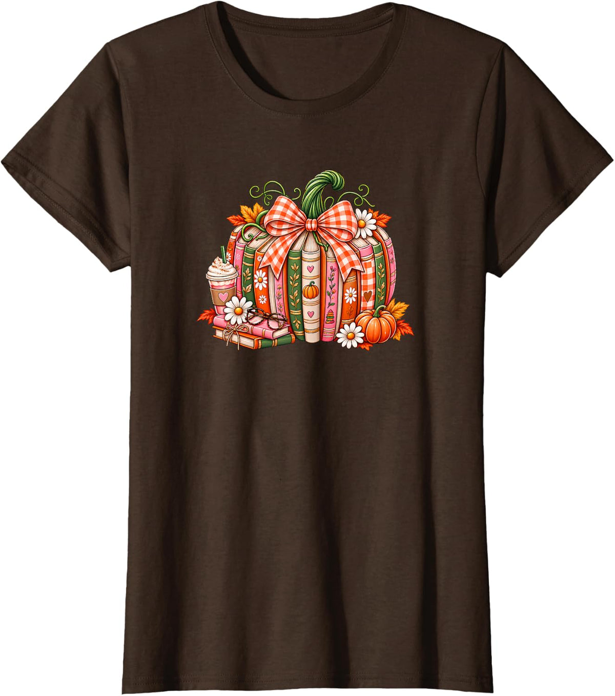 Fall Reading Teachers Pumpkin Book Lovers Daisy Autumn Bows T-Shirt - Brown