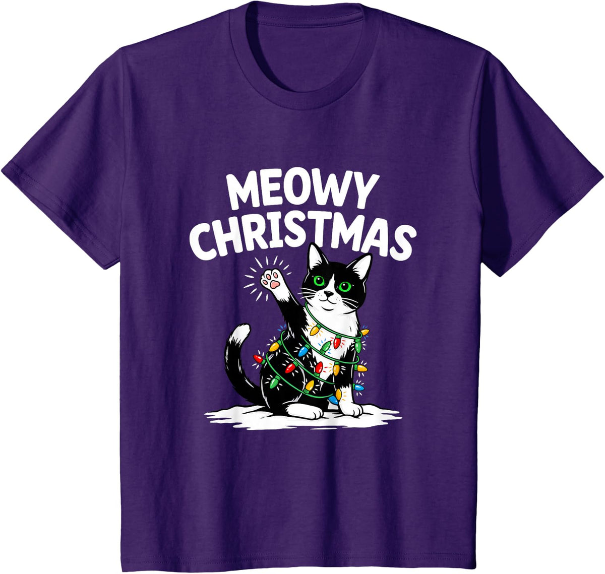 Meowy Christmas Dapper Cat Mom Xmas Lights Cat Humor T-Shirt - Purple