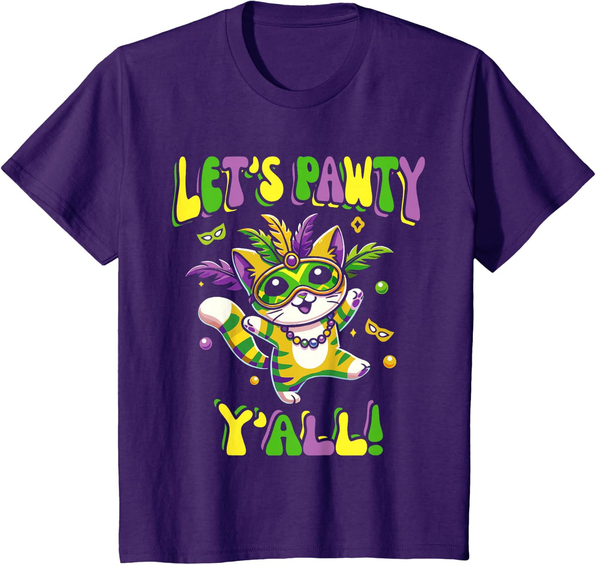 Mardi Gras Cat Let's Pawty Y'all for Women and Kids T-Shirt - Purple