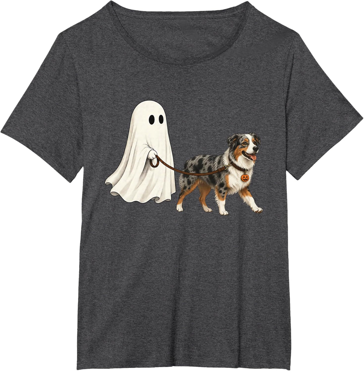 Funny Boojee Ghost Walking Australian Shepherd Dog Lovers T-Shirt - Dark Heather Grey