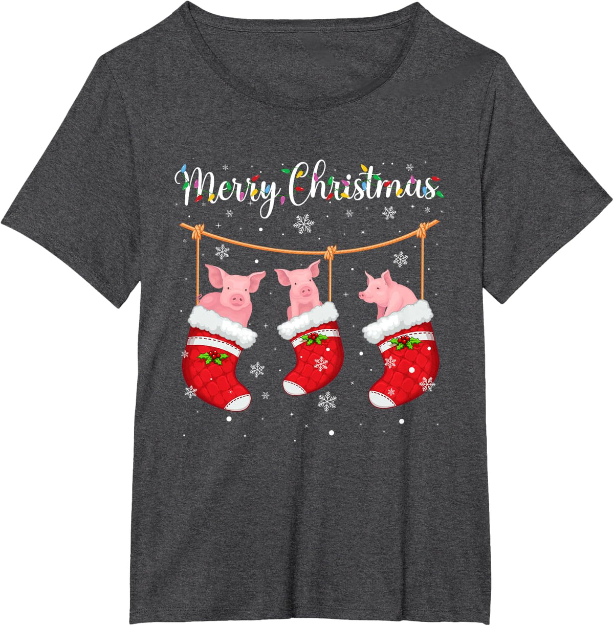 Pig in Xmas Socks Funny Holiday Ugly Sweater Christmas T-Shirt - Dark Heather Grey