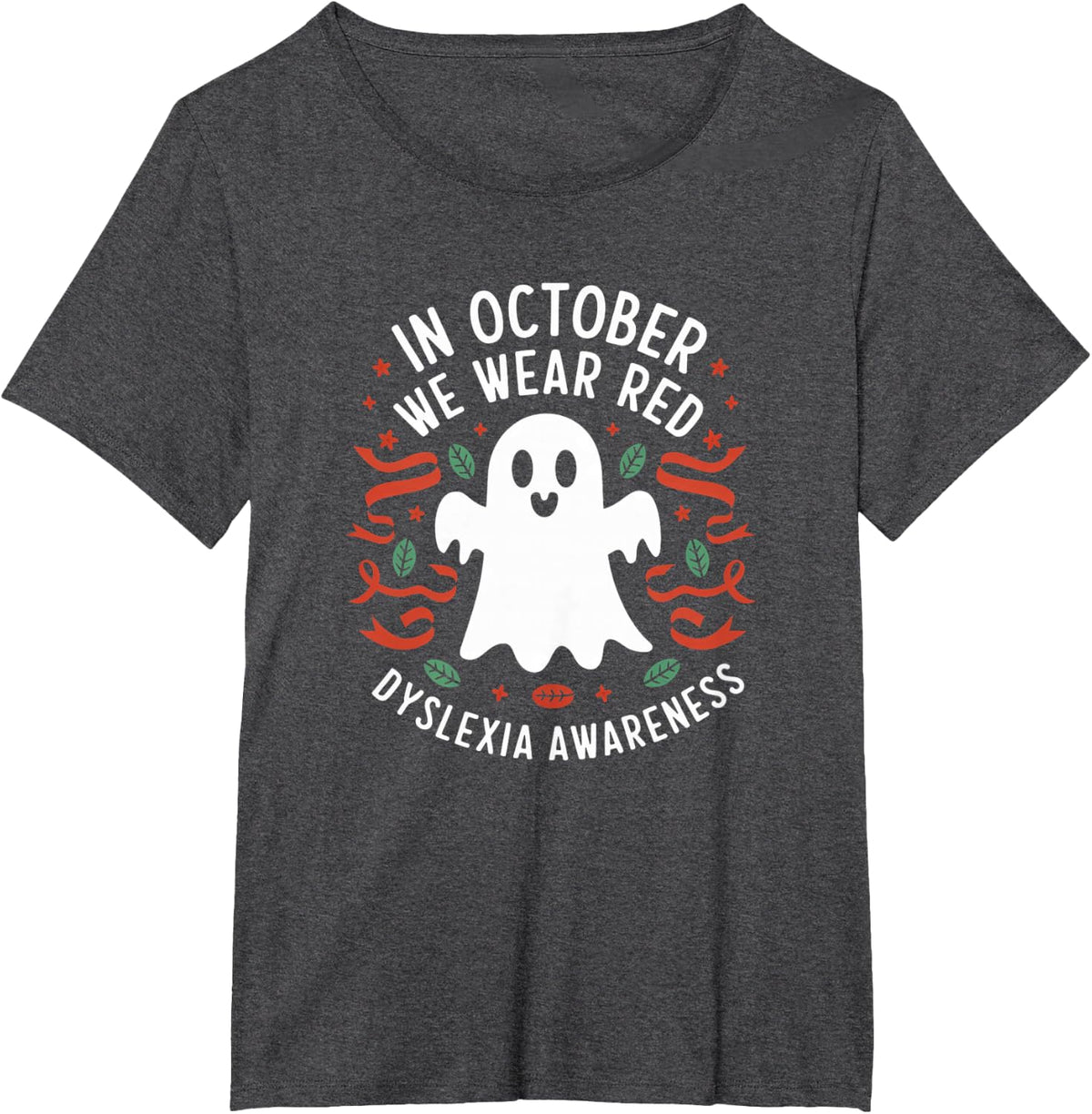 In October We Wear Red Dyslexia Awareness Ghost T-Shirt - Dark Heather Grey