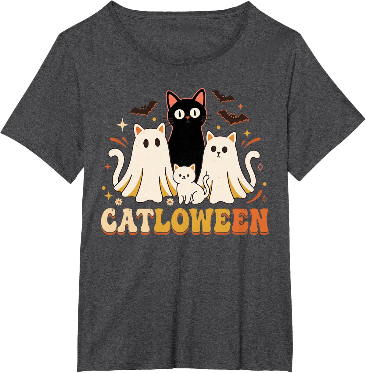 Retro Ghost Cat Halloween Shirt, Cute Spooky Catloween T-Shirt - Dark Heather Grey