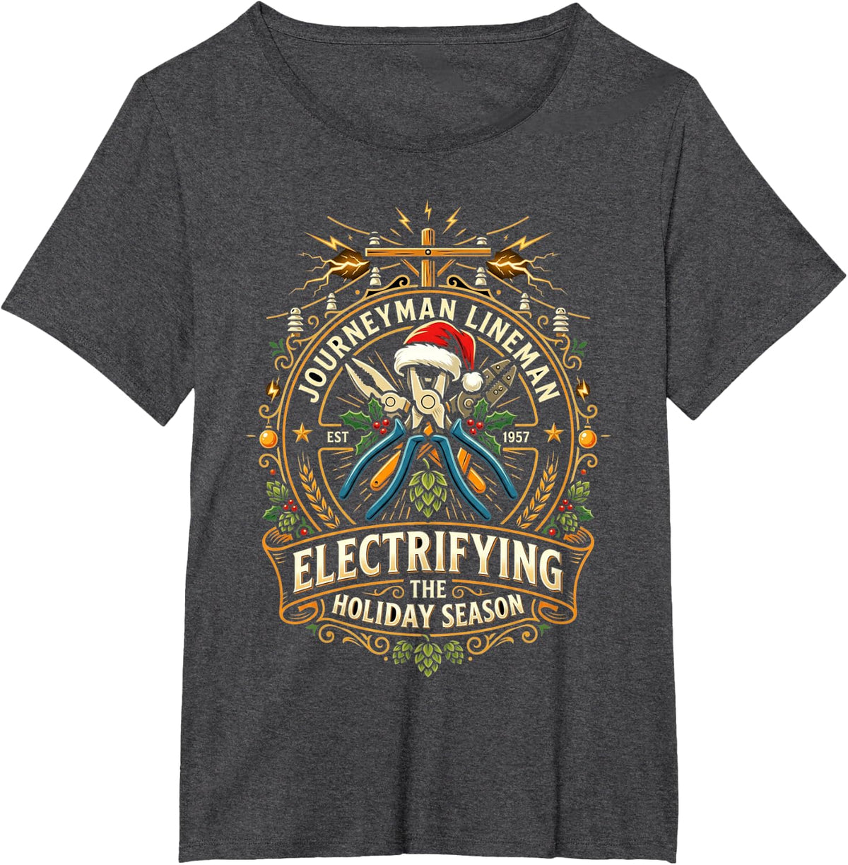 Journeyman Lineman Ugly Christmas Sweater Lineworker T-Shirt - Dark Heather Grey