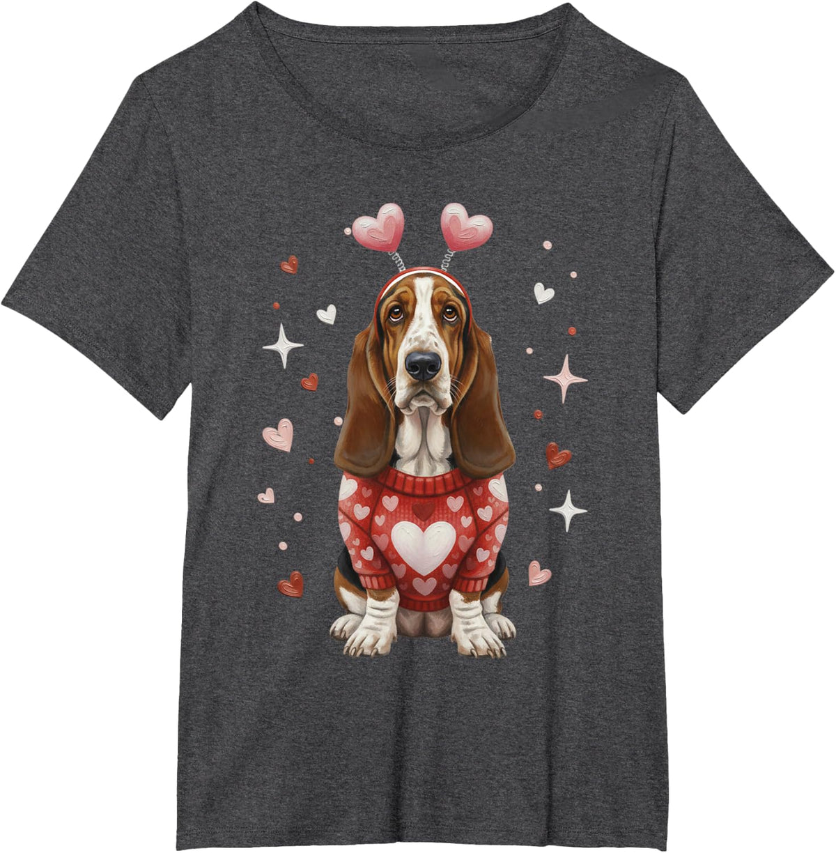 Cute Basset Hound Valentine Heart Valentines Day T-Shirt - Dark Heather Grey