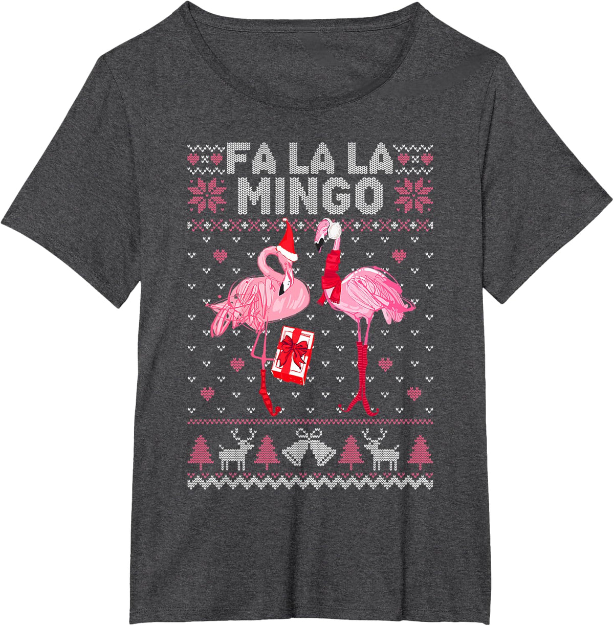 Fa La La La Mingo Flamingo Santa Pink Ugly Christmas Sweater T-Shirt - Dark Heather Grey