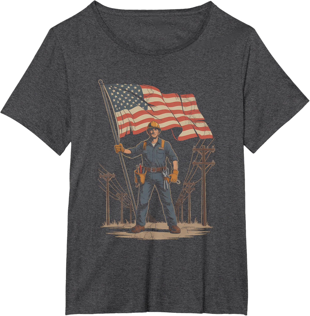 Patriotic Utility Lineman Labor Day American Flag T-Shirt - Dark Heather Grey