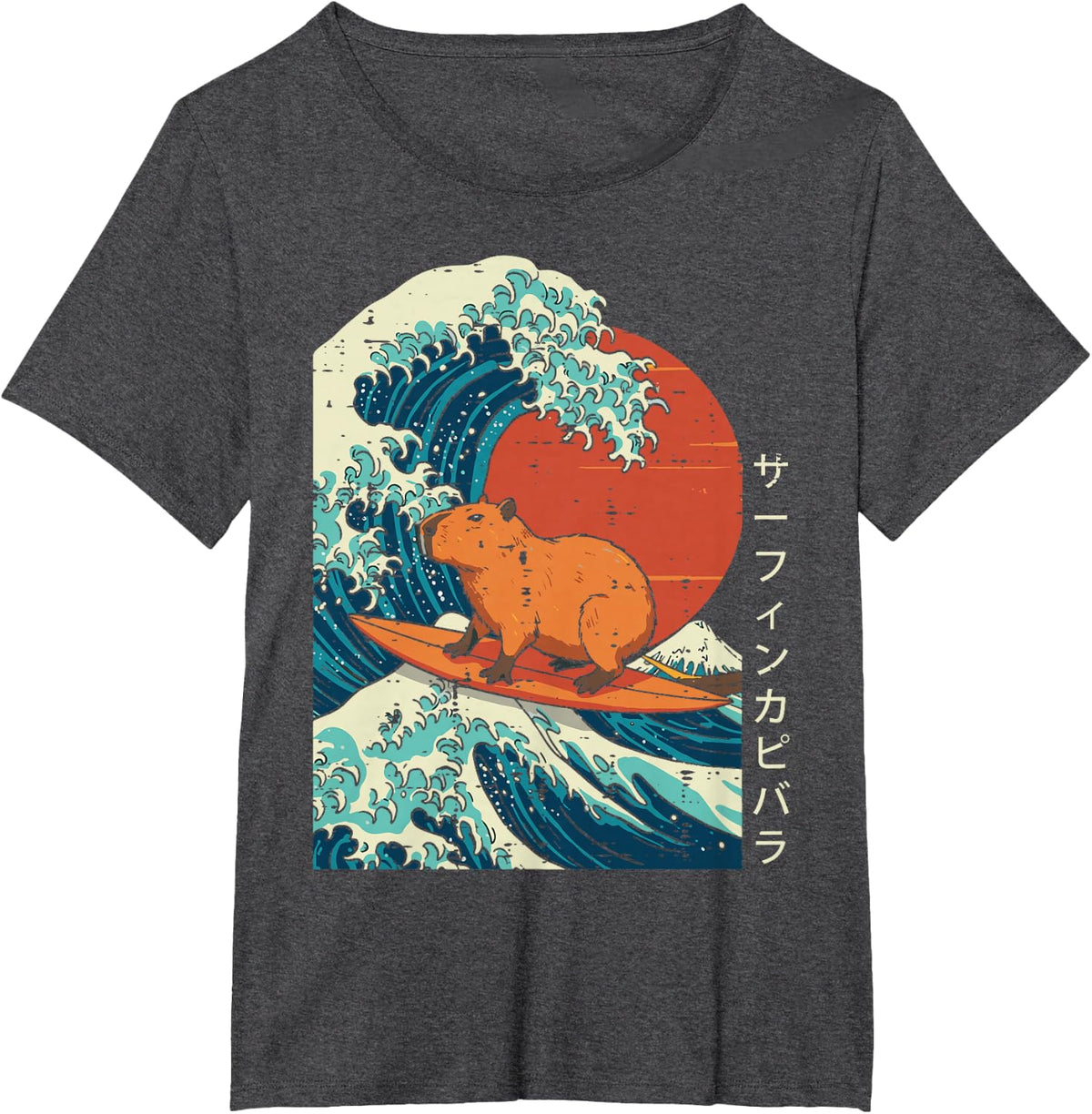 Great Wave Capybara Surfing Meme T-Shirt Japanese Art Tees for Men Women Kids - Dark Heather Grey