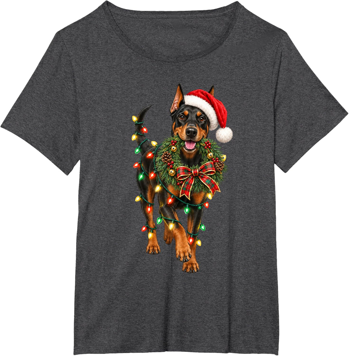 Doberman Pinscher Christmas Wreath Decoration Xmas Pajamas T-Shirt - Dark Heather Grey