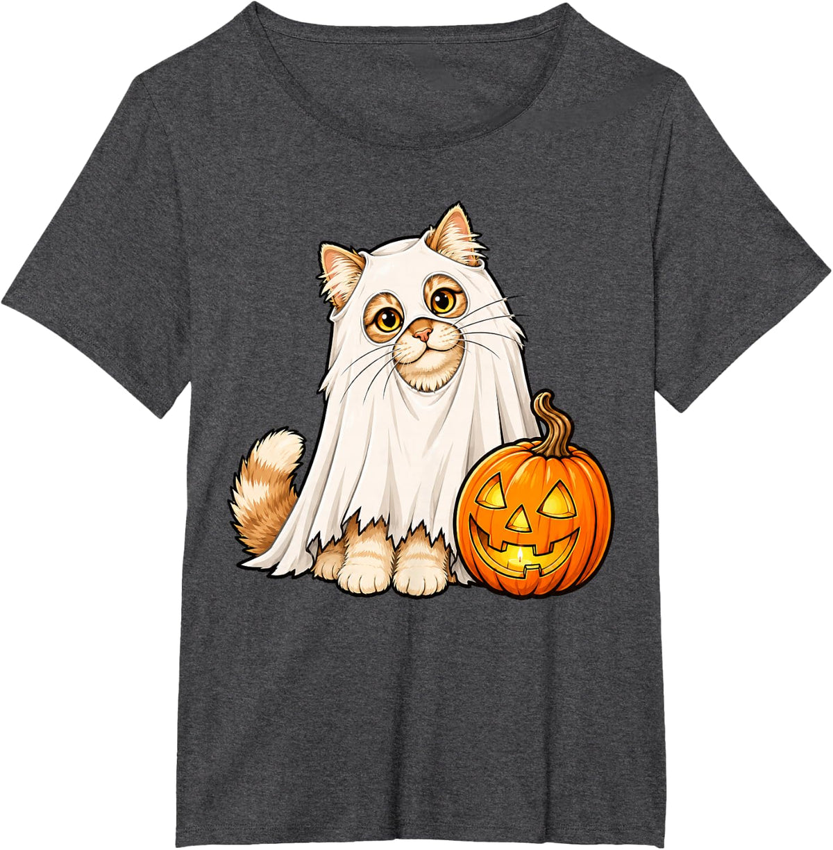 Fluffy Cat Ghost and Jack-O-Lantern Fun Halloween Cat Lover T-Shirt - Dark Heather Grey