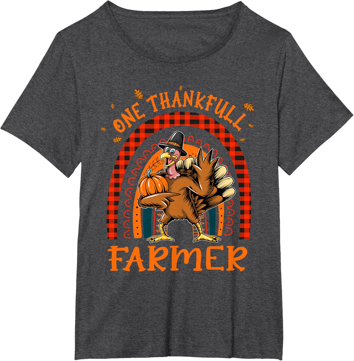 One Thankful Farmer Thanksgiving Rainbow Turkey Autumn T-Shirt - Dark Heather Grey