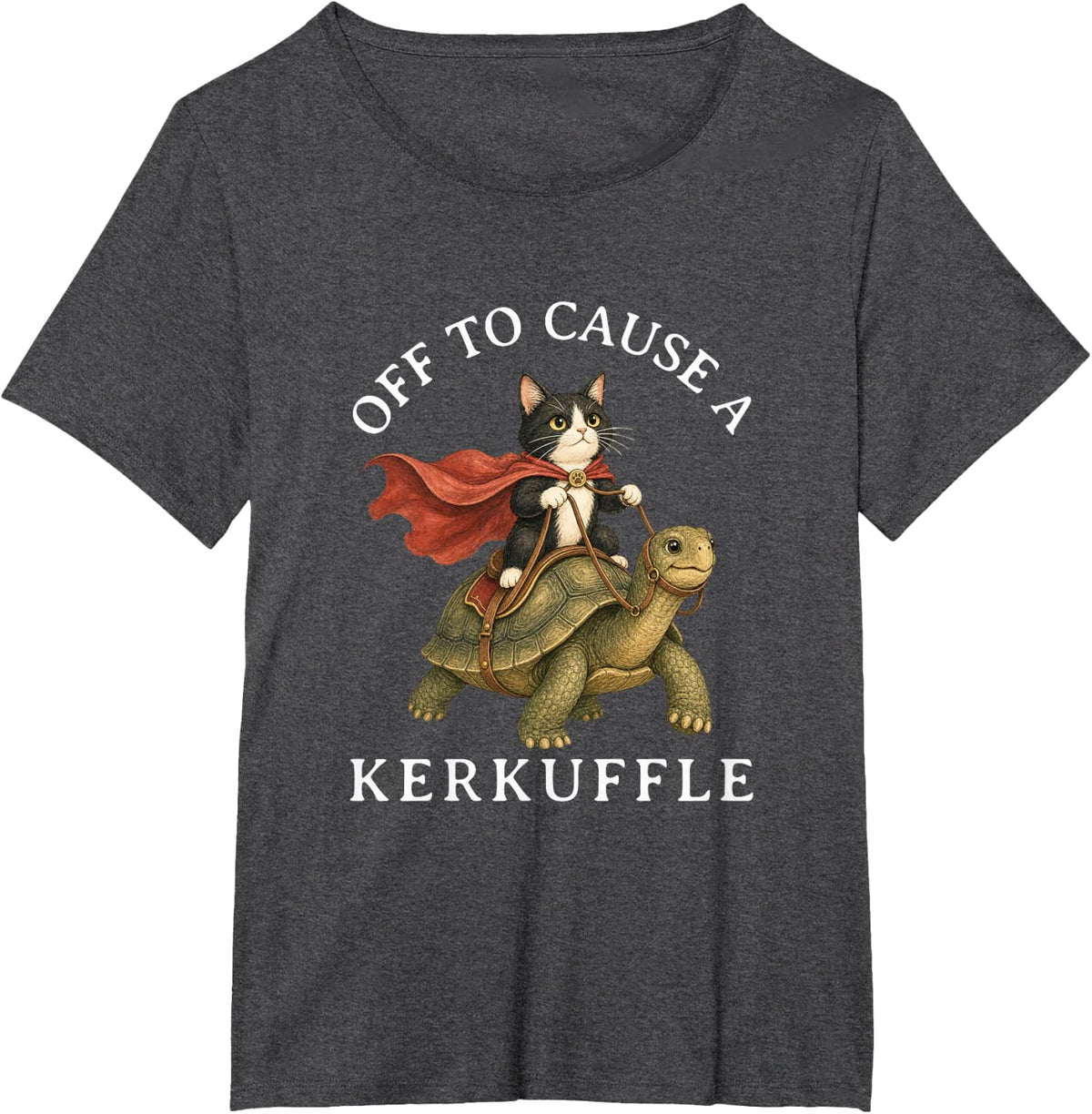 Off to Cause A Kerfuffle Cat Whimsical Tortoise Meme T-Shirt - Dark Heather Grey