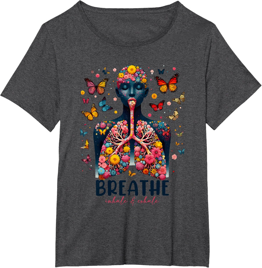 Breathe Inhale Exhale Floral Lung respiratory therapist T-Shirt - Dark Heather Grey