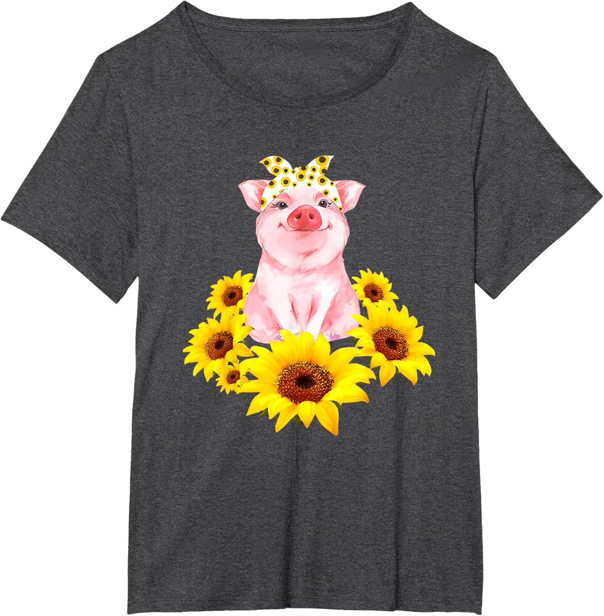 Cute Piggy with Sunflower Tiny Pig with Bandana T-Shirt Tee for Pig Lovers - Dark Heather Grey