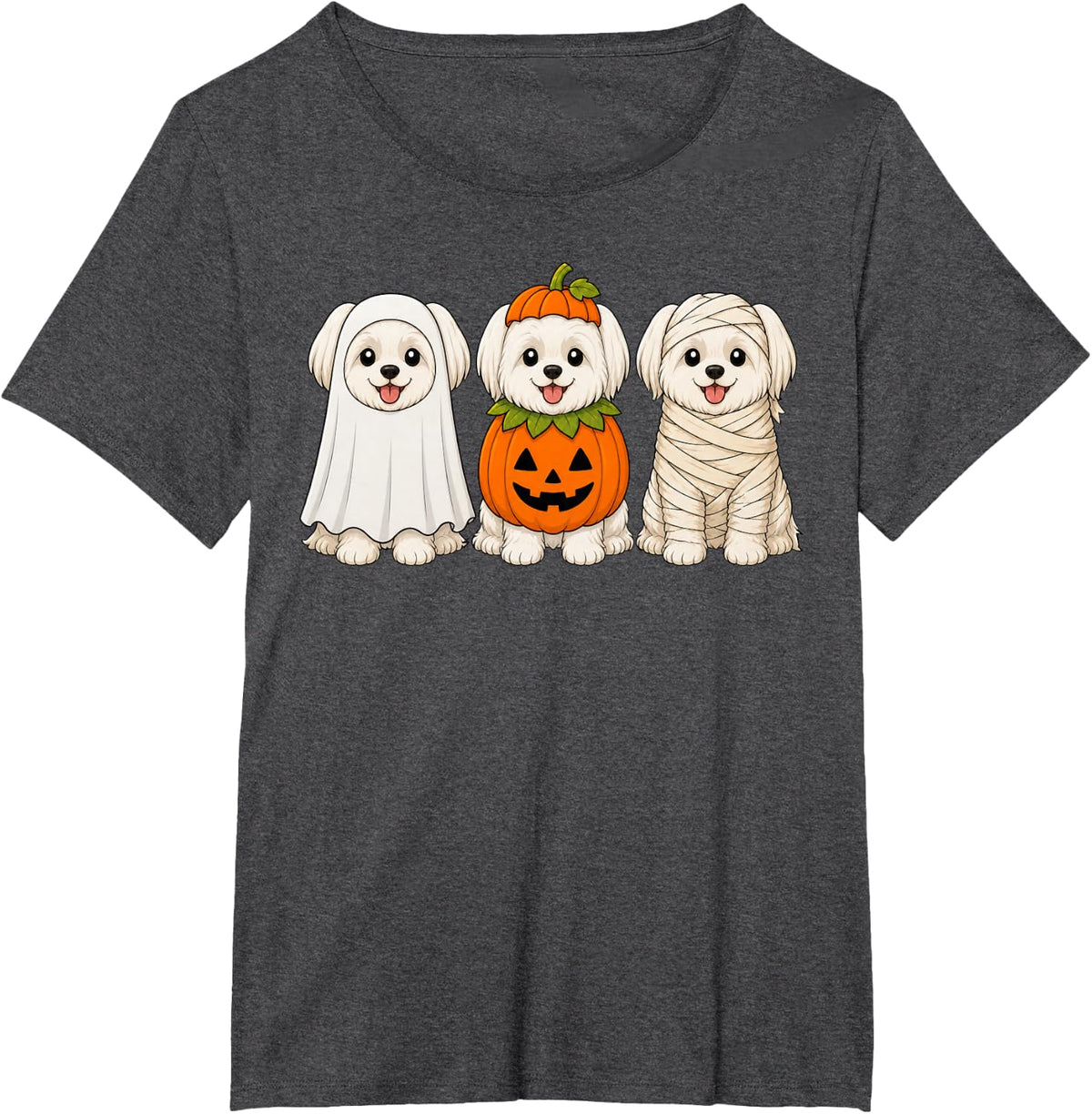 Spooky Maltese Pumpkin Ghost Halloween Dog Lover T-Shirt - Dark Heather Grey