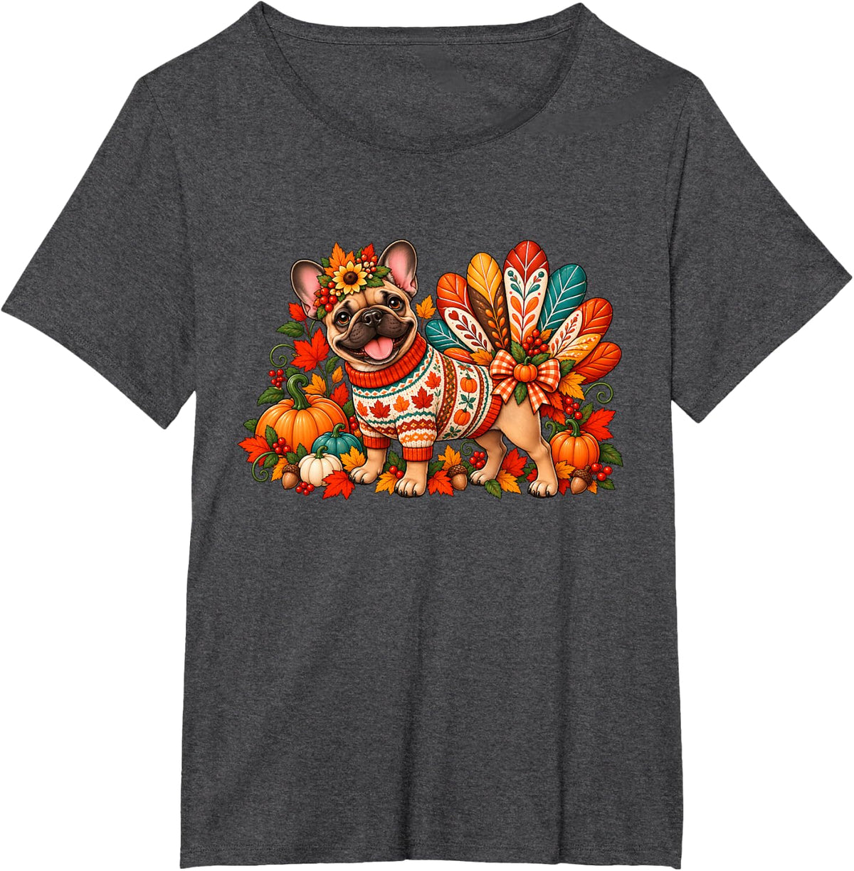 French Bulldog Thanksgiving Turkey Dog Cute Autumn Pumpkin T-Shirt - Dark Heather Grey
