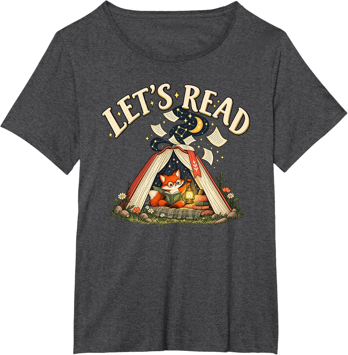 Lets Read Cute Fox Book Lover Reading Storybook Teacher T-Shirt - Dark Heather Grey
