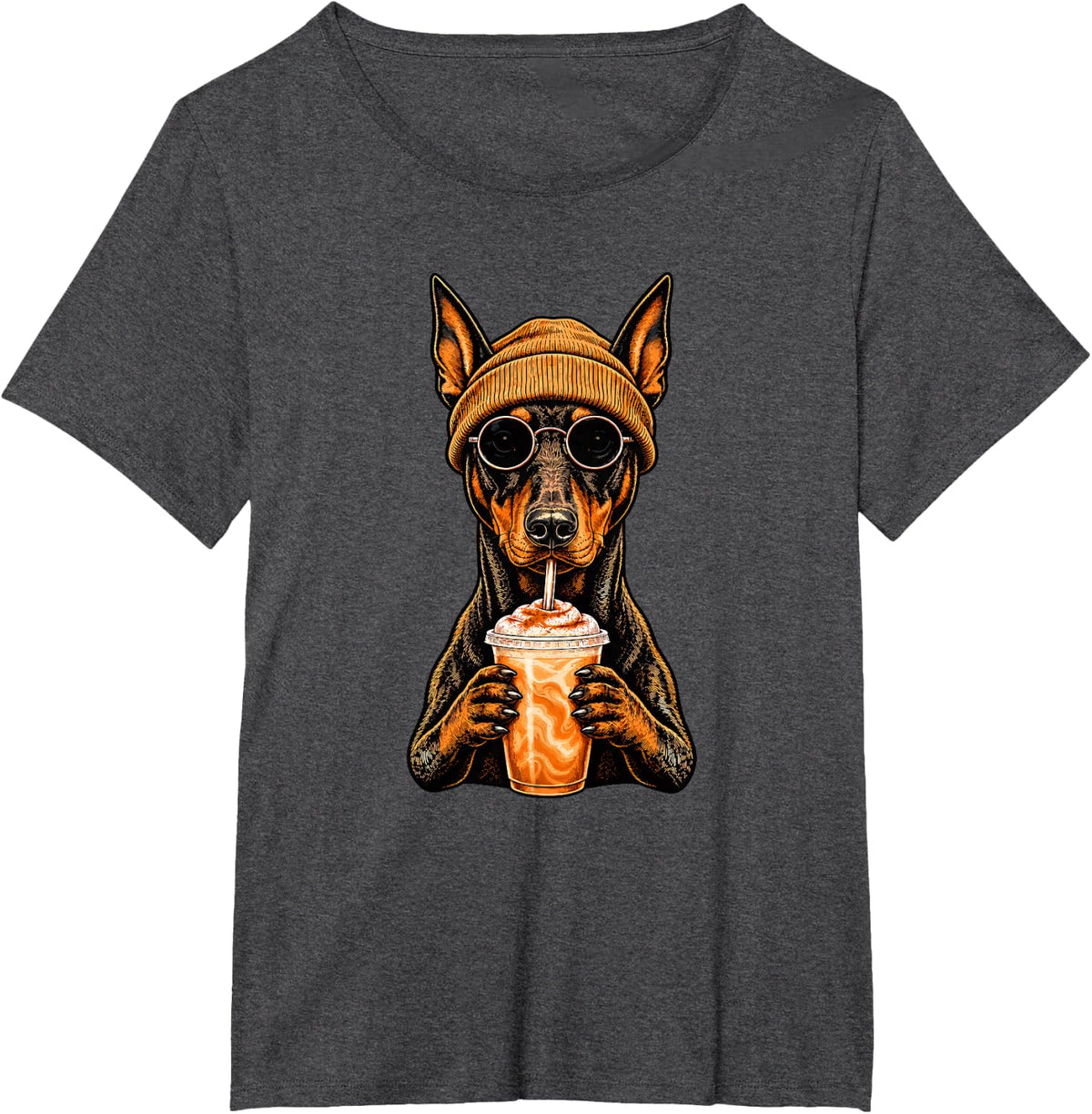 Doberman Pinscher Pumpkin Spice Hipster Dog Autumn Fall T-Shirt - Dark Heather Grey
