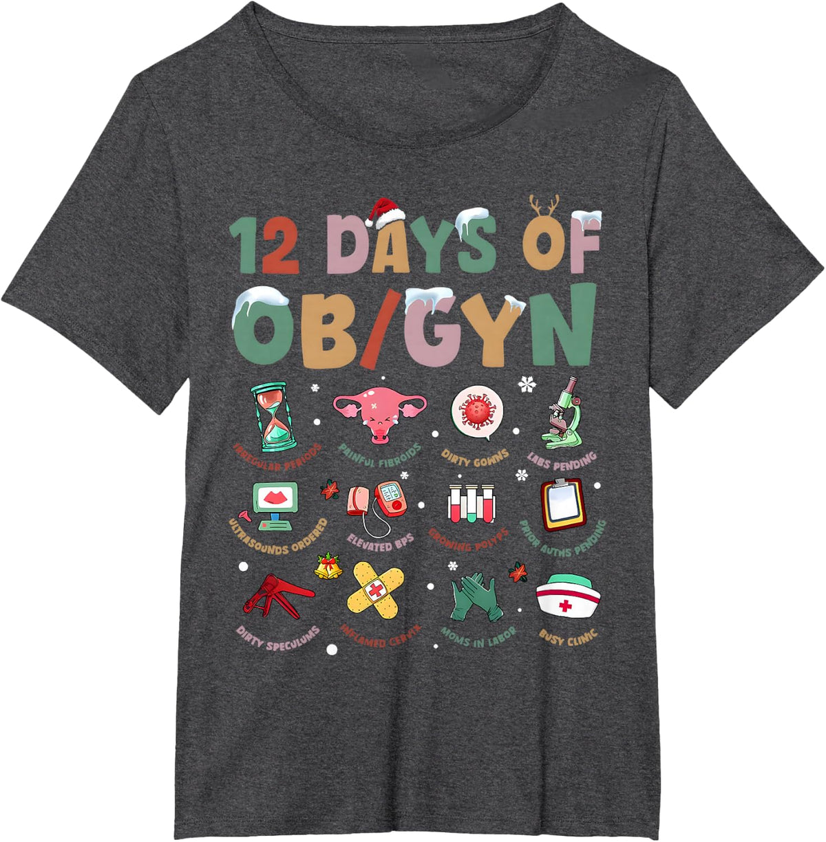 12 Days of OBGYN Xmas Obstetrics Speculum Nursing Christmas T-Shirt - Dark Heather Grey