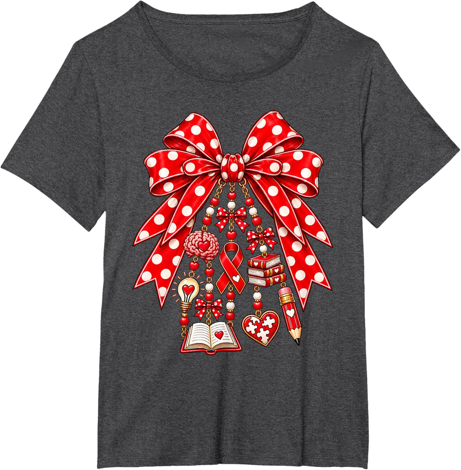 Coquette Bow Dyslexia Awareness Teacher Support Preppy T-Shirt - Dark Heather Grey