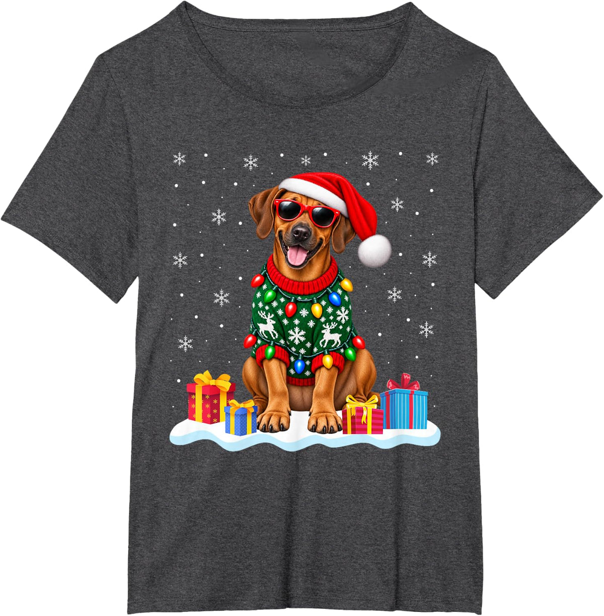 Rhodesian Ridgeback Christmas Sweater Santa Hat Xmas Pet Dog T-Shirt - Dark Heather Grey