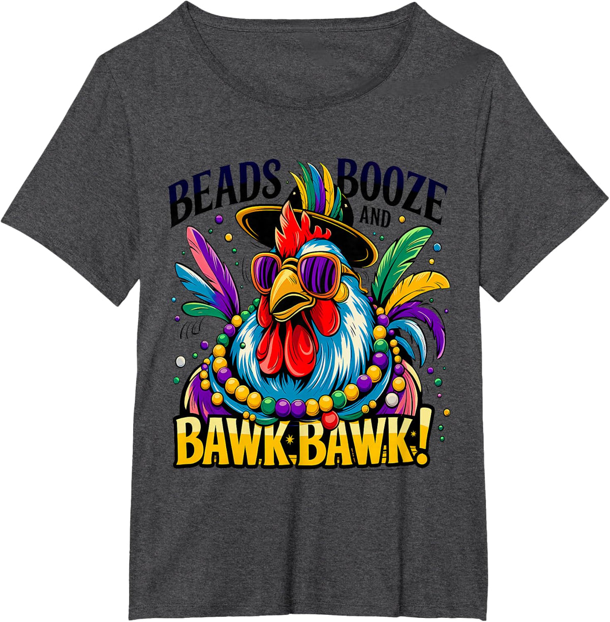 Festive Mardi Gras Rooster Funny Party Bead T-Shirt - Dark Heather Grey