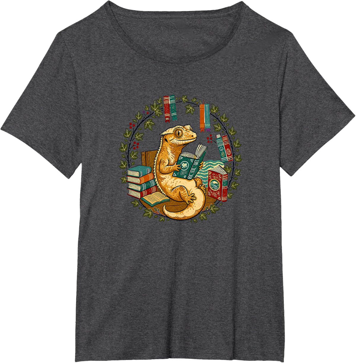 Kids Womens Girls Reading Books Vintage Crested Gecko Lover T-Shirt - Dark Heather Grey