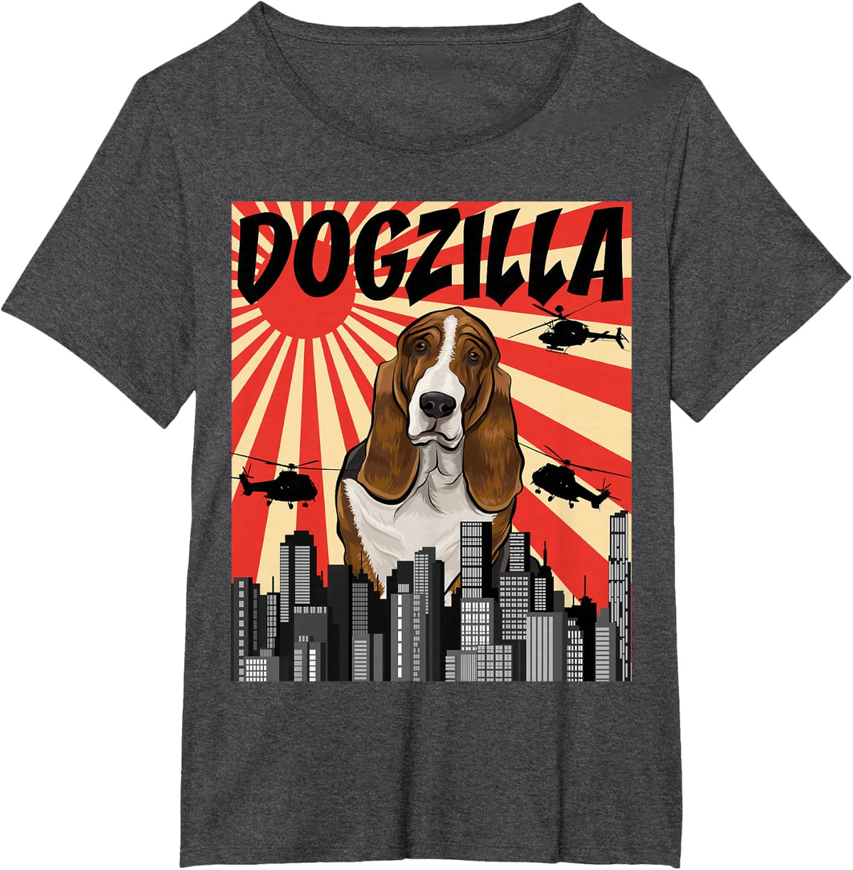 Funny Retro Japanese Dogzilla Basset Hound T-Shirt - Dark Heather Grey