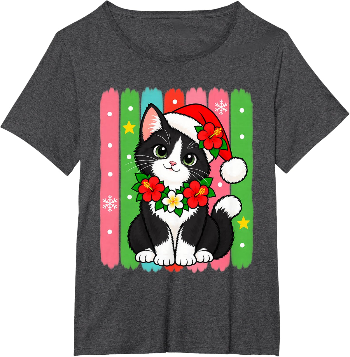 Tuxedo Cat Tropical Christmas Santa Hat Hibiscus Lei T-Shirt - Dark Heather Grey