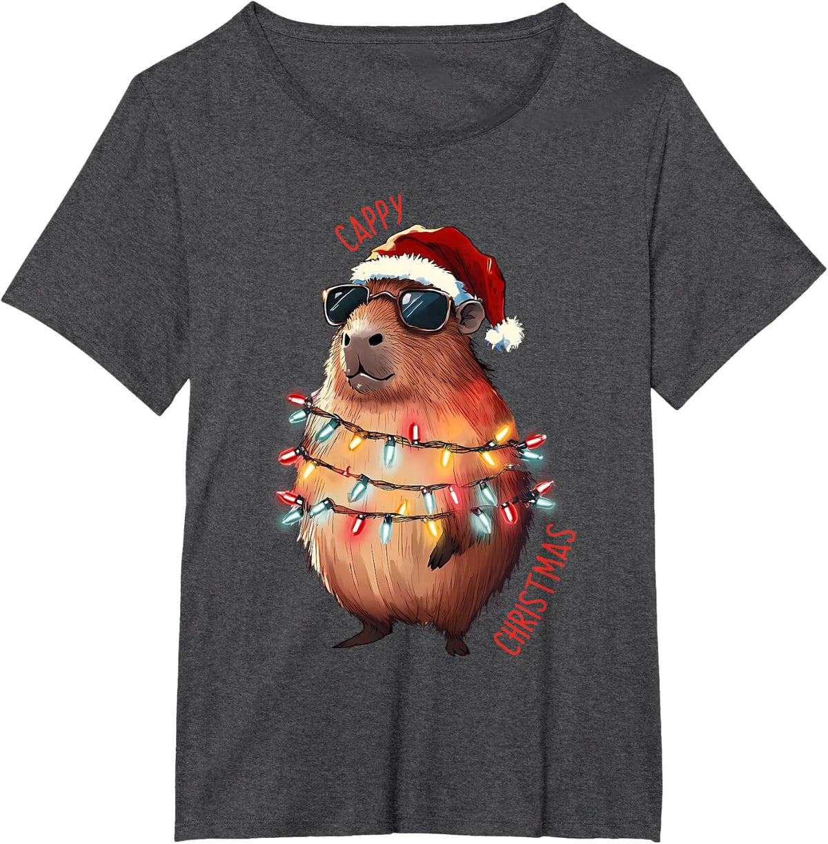 Cute Capybara Christmas Lights With sunglass Animal Lover T-Shirt - Dark Heather Grey