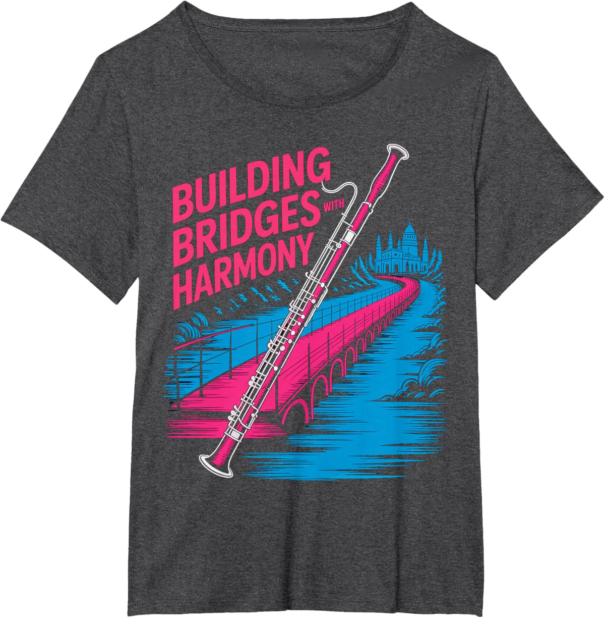 Building Bridges with Harmony Bassoon Design T-Shirt - Dark Heather Grey
