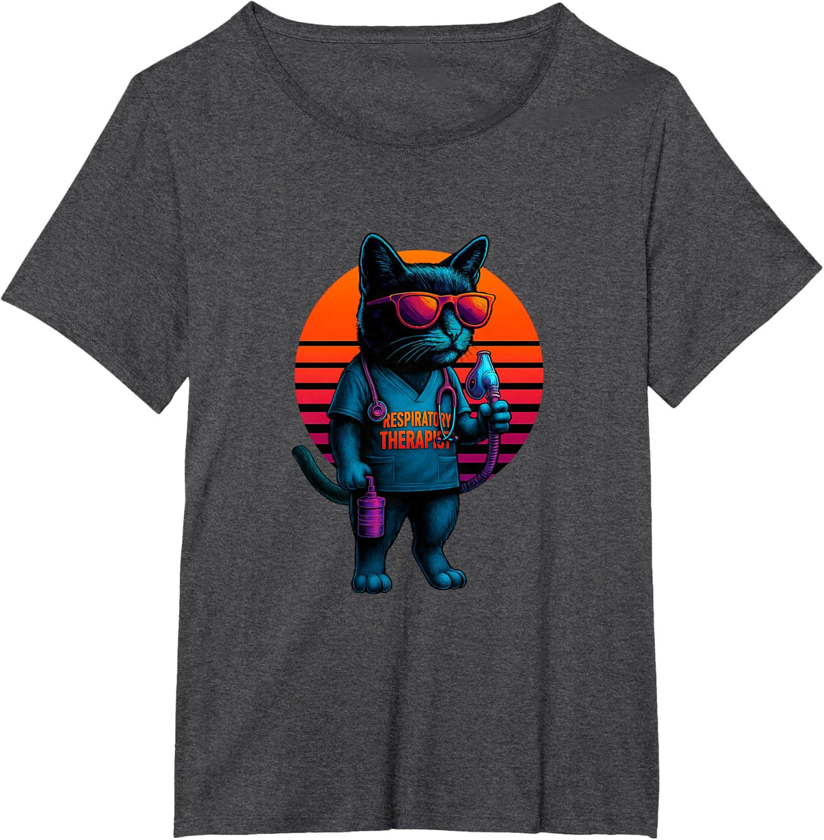 Retro Cat With Breathing Care Skills Respiratory Therapist T-Shirt - Dark Heather Grey