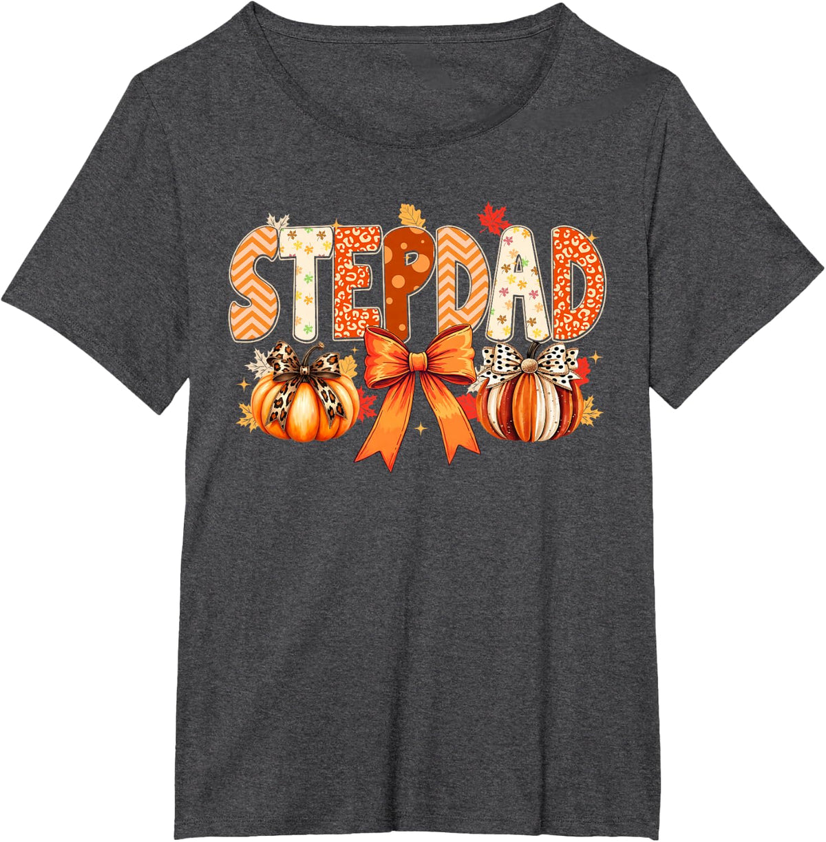 Retro Stepdad Coquette Bows Leopard Fall Thanksgiving T-Shirt - Dark Heather Grey