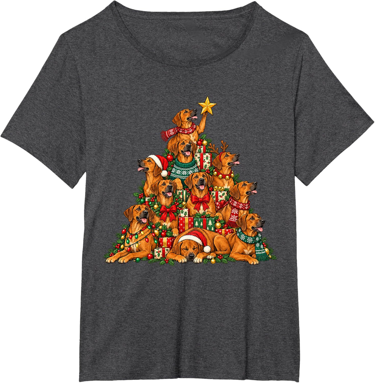 Funny Rhodesian Ridgeback Christmas Lights Tree Dog Lover T-Shirt - Dark Heather Grey