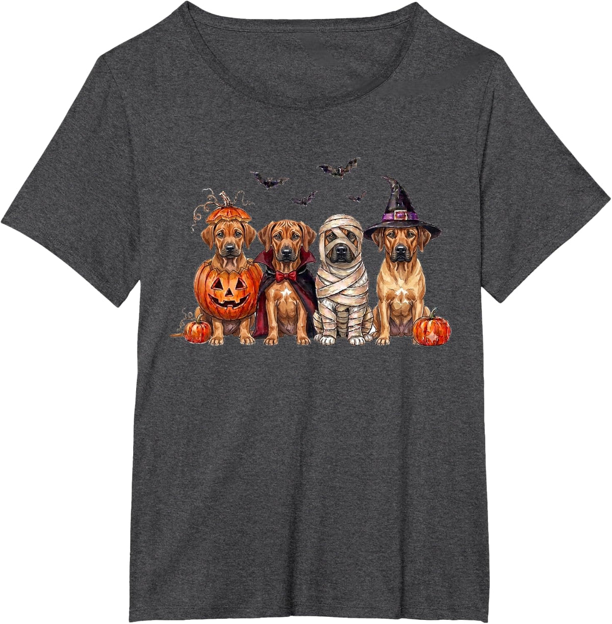 Halloween Rhodesian Ridgeback Squad Pumpkin Vampire Mummy T-Shirt - Dark Heather Grey