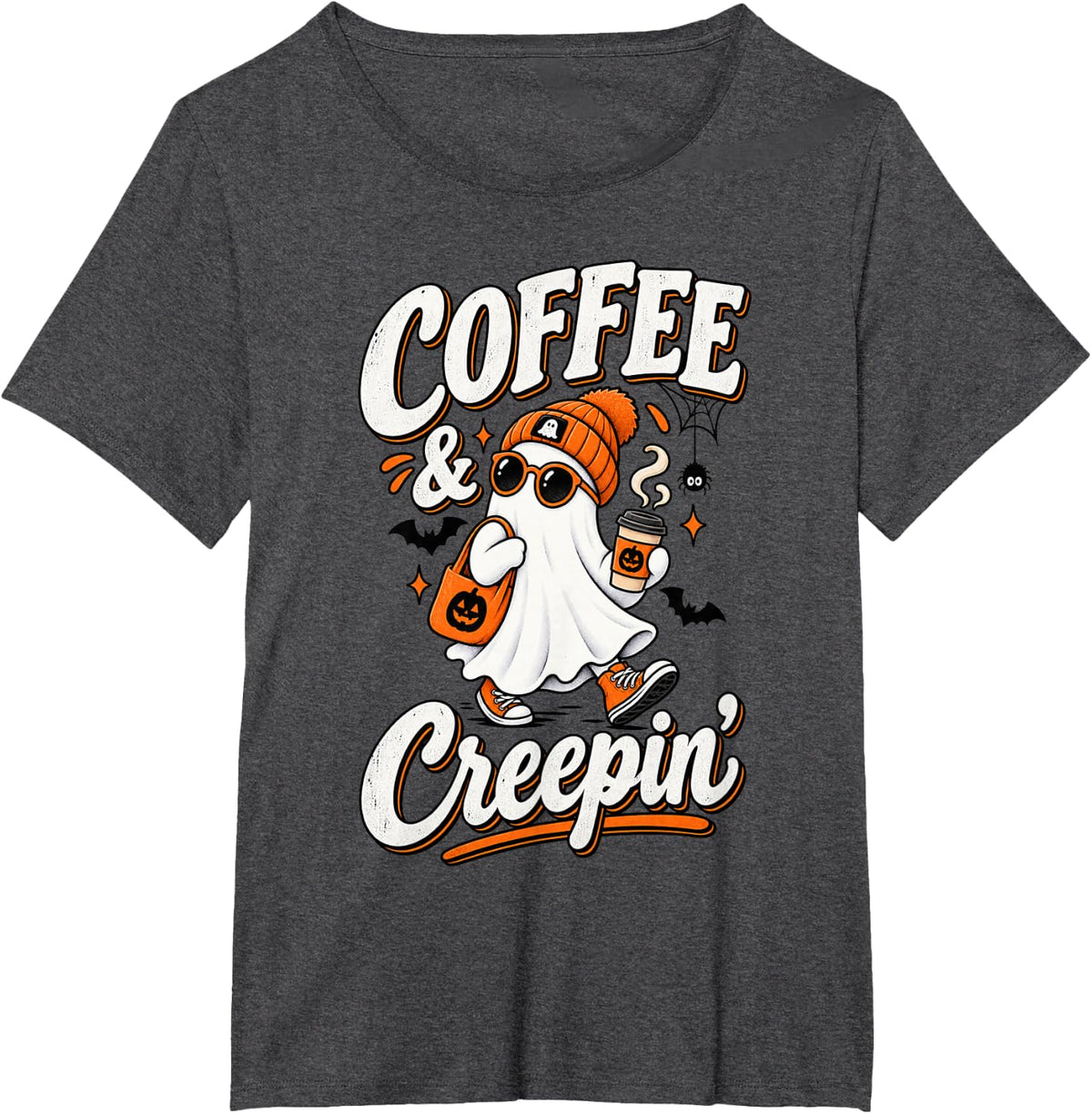 Coffee & Creepin' Funny Ghost Halloween Coffee Lover T-Shirt - Dark Heather Grey